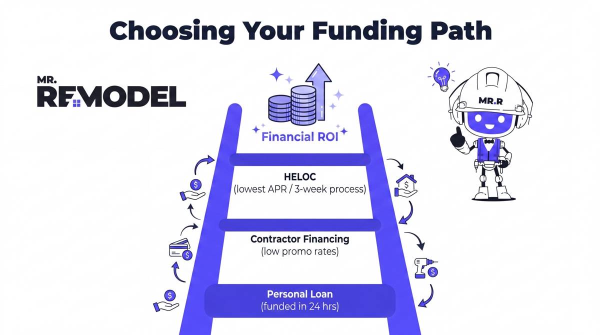 A comparison ladder of roof financing options, ranking them by funding speed and long-term interest costs.